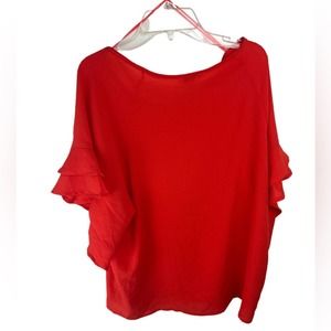 Umgee Womens Size Small Orange Ruffle Round Neck Short Flutter Sleeve Blouse Top